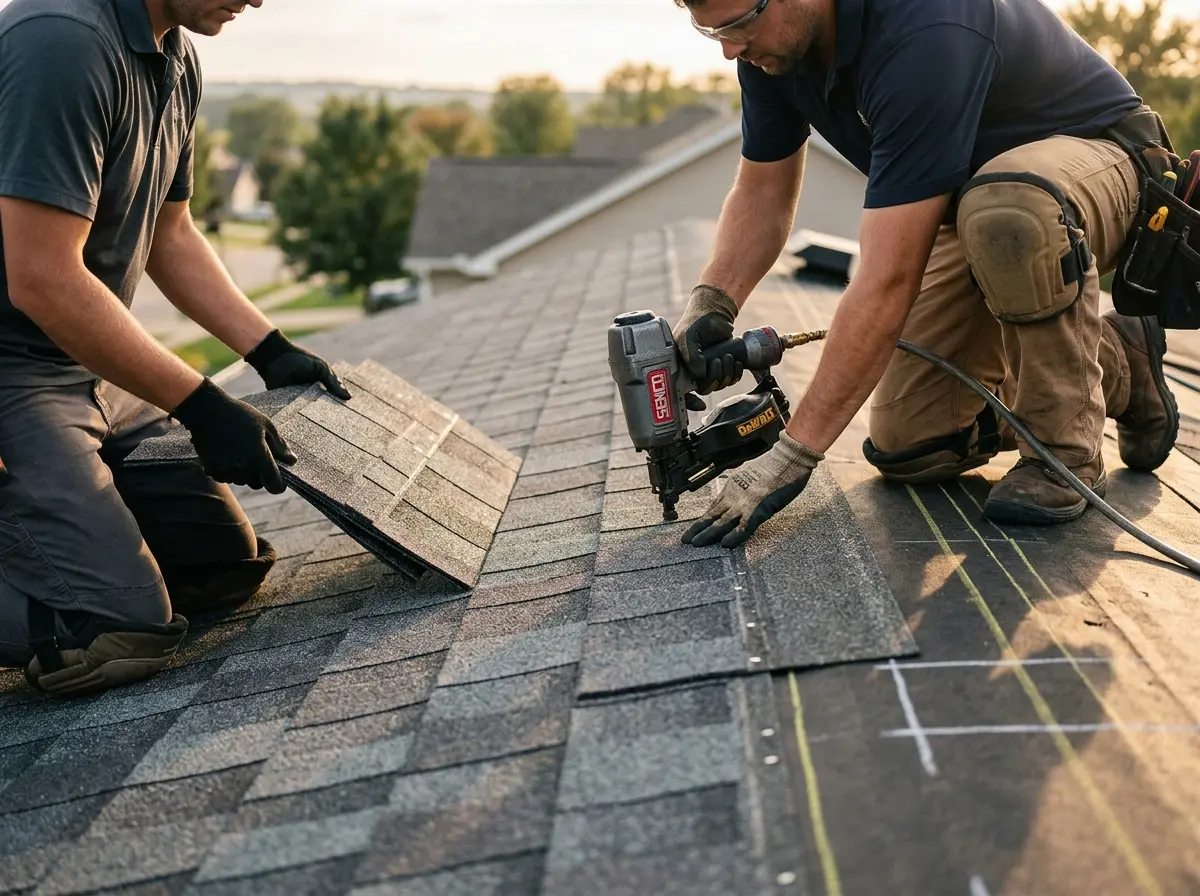 Professional roofer working on a residential roof in La Homa